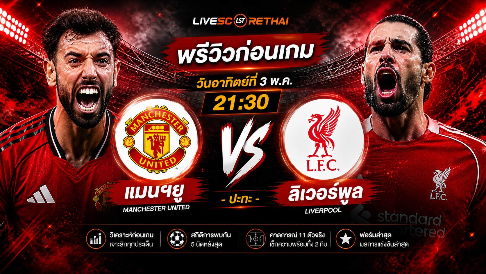 ดูบอลสด ถ่ายทอดสด ศึกแดงเดือด โปรแกรมบอลวันนี้ แมนยู เปิดบ้านดวล  -vs-  ลิเวอร์พลู  วันอาทิตย์ ที่ 3 พฤษภาคม 2569  เวลา : 21:30 น.